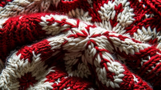 A close-up shot of layered knitwear, showcasing different textures and colors of sweaters, scarves, and gloves. The image highlights the detail of the knit patterns and the soft, warm feel of the materials.