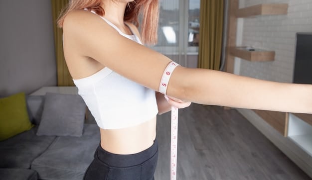 A woman using a soft measuring tape to measure her bust circumference. The image should clearly show the correct placement of the measuring tape and the proper posture for accurate measurement.