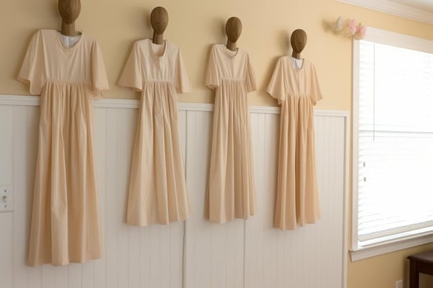 A collection of women's work dresses in neutral and muted colors hanging on a rack in a boutique. The dresses include sheath dresses, wrap dresses, and A-line dresses.