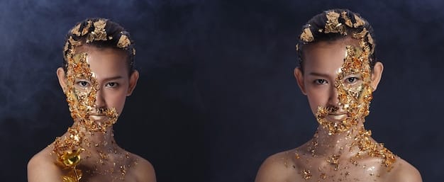 A split image showing a woman with warm skin tone wearing gold jewelry on one side and silver jewelry on the other, demonstrating how gold enhances her complexion. The other side should show a woman with cool skin tone wearing silver jewelry and gold jewelry, demonstrating how silver enhances her complexion.