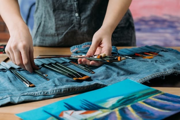 Hands working on a sewing machine, upcycling an old denim jacket with colorful patches and embroidery. The workspace is well-lit and organized, illustrating the creative process of DIY fashion.