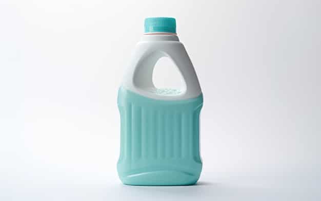 A close-up of different detergent bottles labeled