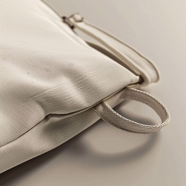 A close-up shot of a modern, structured tote bag in a neutral color, showcasing its high-quality leather texture and sleek hardware details.