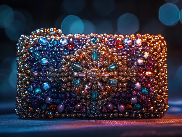 A close-up of a jeweled clutch with intricate beadwork, set against a dark, luxurious background to emphasize its sparkle and elegance.