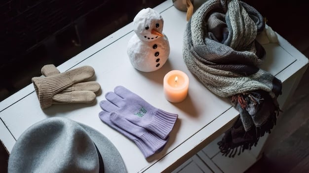 A collection of winter accessories, including wool hats, gloves, scarves, and insulated socks. The accessories are arranged on a wooden surface, showcasing their textures and colors. Labels indicate materials like 