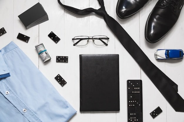 A detailed flat lay featuring various men's accessories suitable for business casual attire. Include a classic leather watch with a simple face, a woven leather belt, a pair of stylish dress socks with a subtle pattern, a pocket square neatly folded, and a pair of understated cufflinks. Arrange the items on a light gray or beige surface to create a clean, modern look.