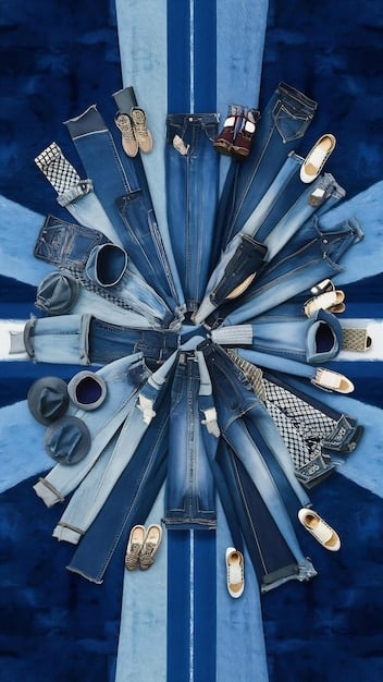 A collage of different jeans styles (wide-leg, skinny, straight-leg, and bootcut) on a flat lay. Each style is paired with different shoes to showcase versatility.