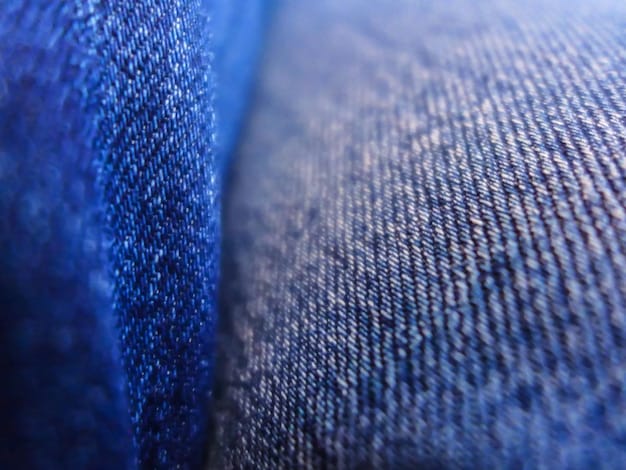 A close-up shot of different denim fabrics (raw denim, stretch denim, and lightweight denim), highlighting the texture and weave of each fabric.