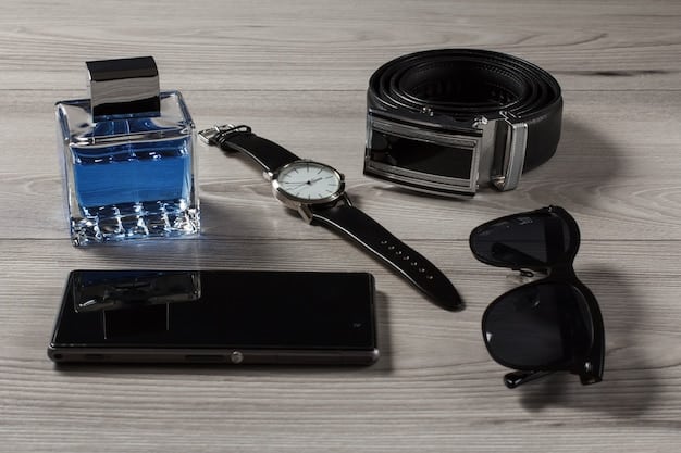 A curated collection of affordable men's accessories laid out on a clean surface: a simple wristwatch, a brown leather belt, stylish sunglasses, and a colorful pocket square. The accessories are arranged to showcase how they can complement each other and enhance an outfit without costing a fortune.
