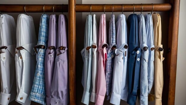 A well-organized closet featuring a variety of men's shirts in different colors and patterns (solid, striped, checked) neatly arranged on hangers. The image showcases the range of options available and how they can be integrated into a wardrobe.