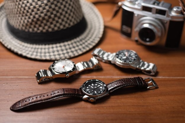 A product shot showcasing three different men's watches: a stainless steel dive watch with a rotating bezel, a rugged field watch with a canvas strap, and a sleek smartwatch with a digital display, all arranged on a textured wooden surface.