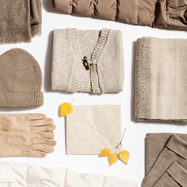 A flat lay displaying ten clothing items selected for a capsule wardrobe challenge, including a pair of jeans, a sweater, a button-down shirt, a blazer, pants, a t-shirt, a skirt, a dress, a jacket, and a basic top. The clothes are arranged on a white surface and are in neutral and coordinating colors.