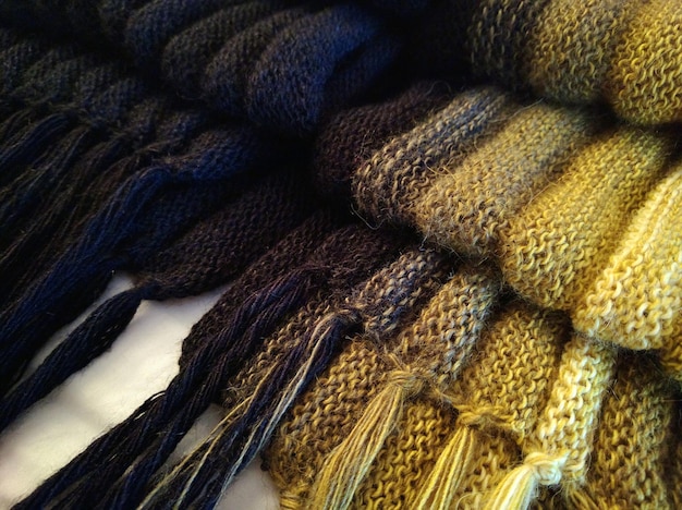 A close-up shot of different types of scarves, including silk, cashmere, and knit, showcasing various patterns and textures.
