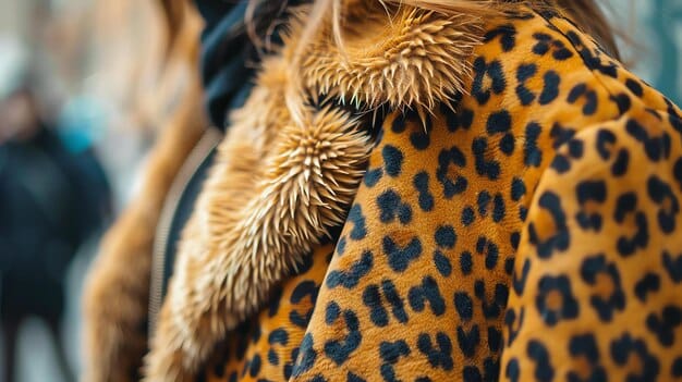 A close-up shot of various statement coat fabrics, including faux fur in a leopard print, a vibrant blue wool, and a metallic silver puffer material. The fabrics are arranged to highlight texture and color.
