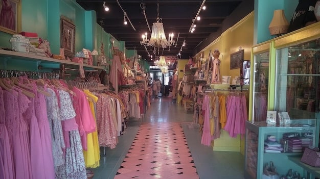 A brightly lit interior of a vintage clothing store, with racks filled with colorful garments, accessories, and hats. Shoppers are browsing through the selection, and the atmosphere is lively and engaging, highlighting the appeal and sustainability of vintage shopping.