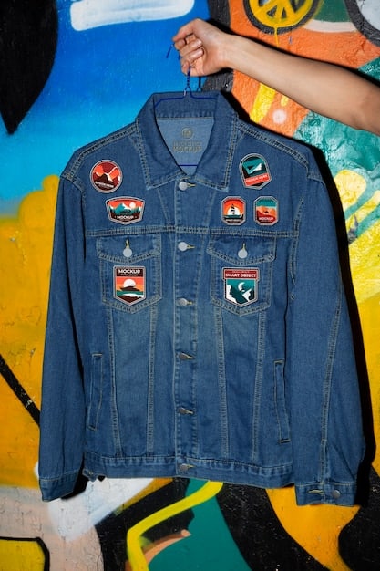 Close-up of a colorful upcycled denim jacket with various patches and embroidery, showcased against a blurred festival backdrop. The jacket features peace signs, floral patterns, and unique textures, emphasizing the sustainable and personalized festival fashion trend.