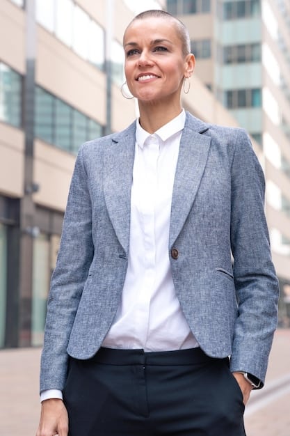 A businesswoman is wearing a navy blue blazer over a white button-down shirt, coupled with grey tailored trousers and black heeled pumps, walking in a modern office space in downtown Toronto. She is holding a tablet and smiling subtly. This ensemble highlights a classic professional look.