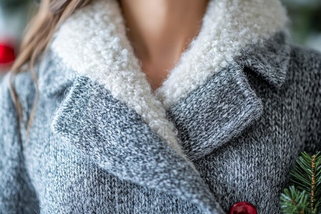 A woman wearing a black wool blazer over a chunky knit grey sweater, paired with dark wash skinny jeans and brown leather ankle boots, is walking down a snow-covered street in Montreal. She is wearing a red knitted scarf and a black beanie, showcasing a warm and stylish winter outfit.