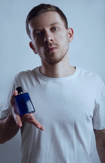 A person looking disappointed while holding a perfume bottle. The background is blurred, but different fragrance notes are listed on a nearby screen, illustrating the disconnect between expectation and reality.