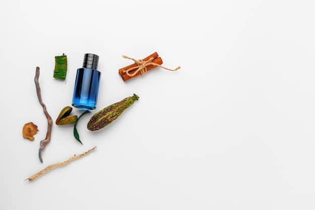 A top-down shot of various roots and earthy elements used in perfumery, such as vetiver root, patchouli leaves, and sandalwood pieces, scattered on a rustic wooden surface. The composition is arranged to highlight the textures and natural colors of the ingredients. Soft, diffused lighting is used to create a warm and inviting atmosphere, emphasizing the connection to nature and the earth.