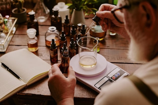 A perfumer in their lab, carefully measuring ingredients and blending them in a small beaker, showcasing the meticulous and artisanal process of creating a niche fragrance.