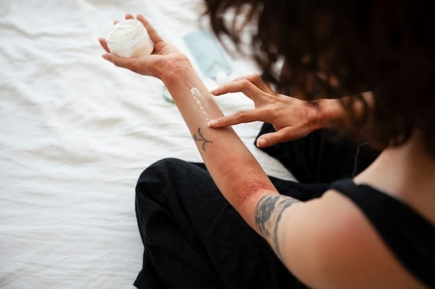 A person with a visible skin rash on their arm after using a fragranced lotion, with a bottle of the lotion blurred in the background. The focus is on the rash and the texture of the affected skin.