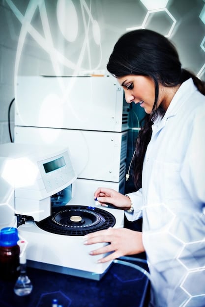 A perfumer in a lab setting, surrounded by various high-tech equipment like gas chromatographs and mass spectrometers. The perfumer is carefully analyzing a sample, illustrating the technological aspects of modern fragrance creation and reformulation.