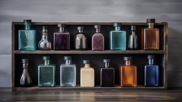 A well-organized shelf displaying various unisex perfume bottles from different brands, each with unique designs. The setting is a high-end department store, with soft lighting highlighting the product diversity.