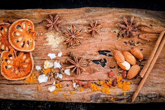 A collection of spices such as cinnamon sticks, star anise, and cloves arranged on a wooden surface, highlighting their textures and the warm colors associated with oriental fragrances.