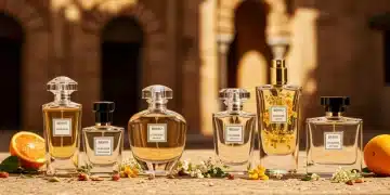 Elegant new fragrance bottles with Spanish architectural background