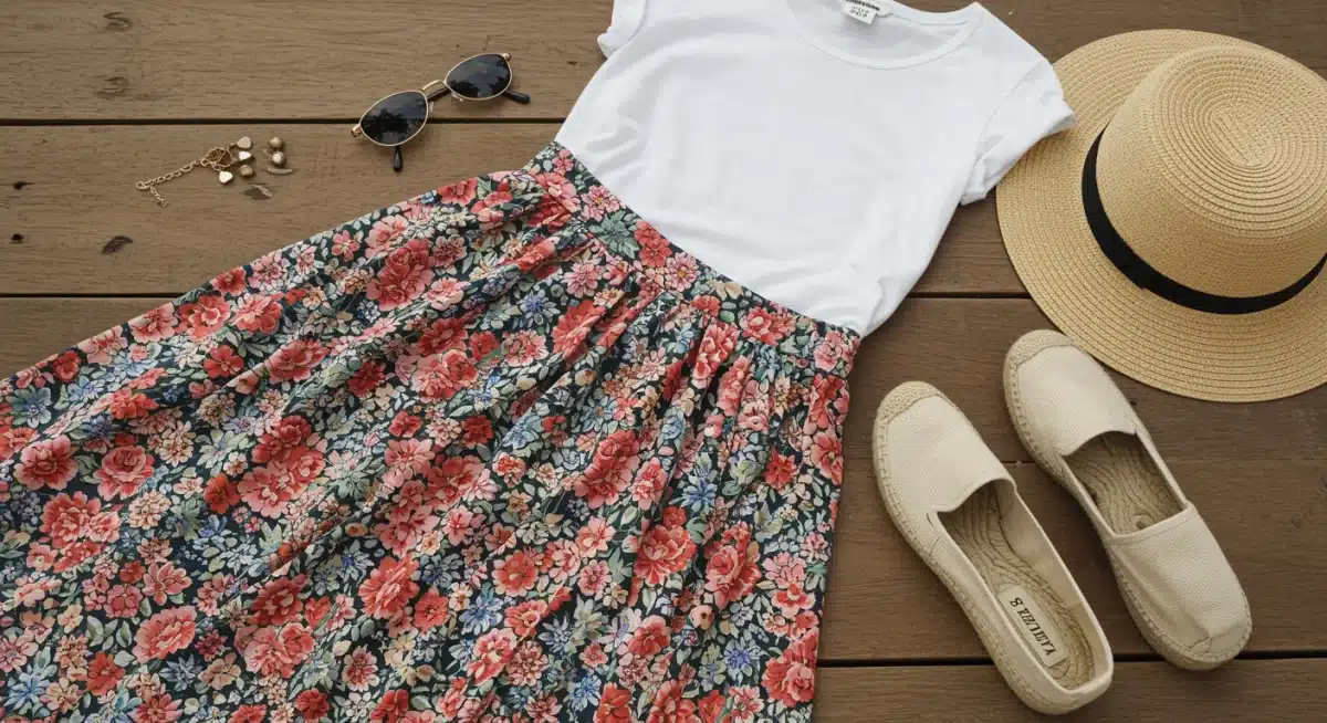 Floral midi skirt, white t-shirt, espadrilles, and straw hat for a spring outfit.