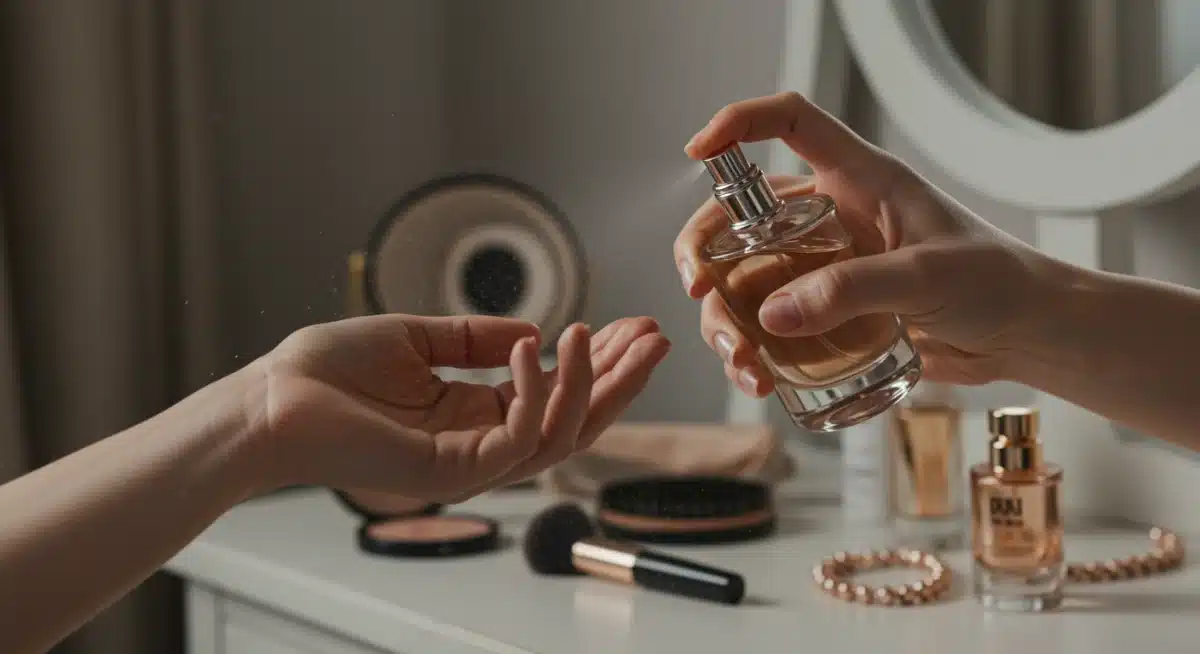 Close-up of a hand applying a new fragrance to the wrist
