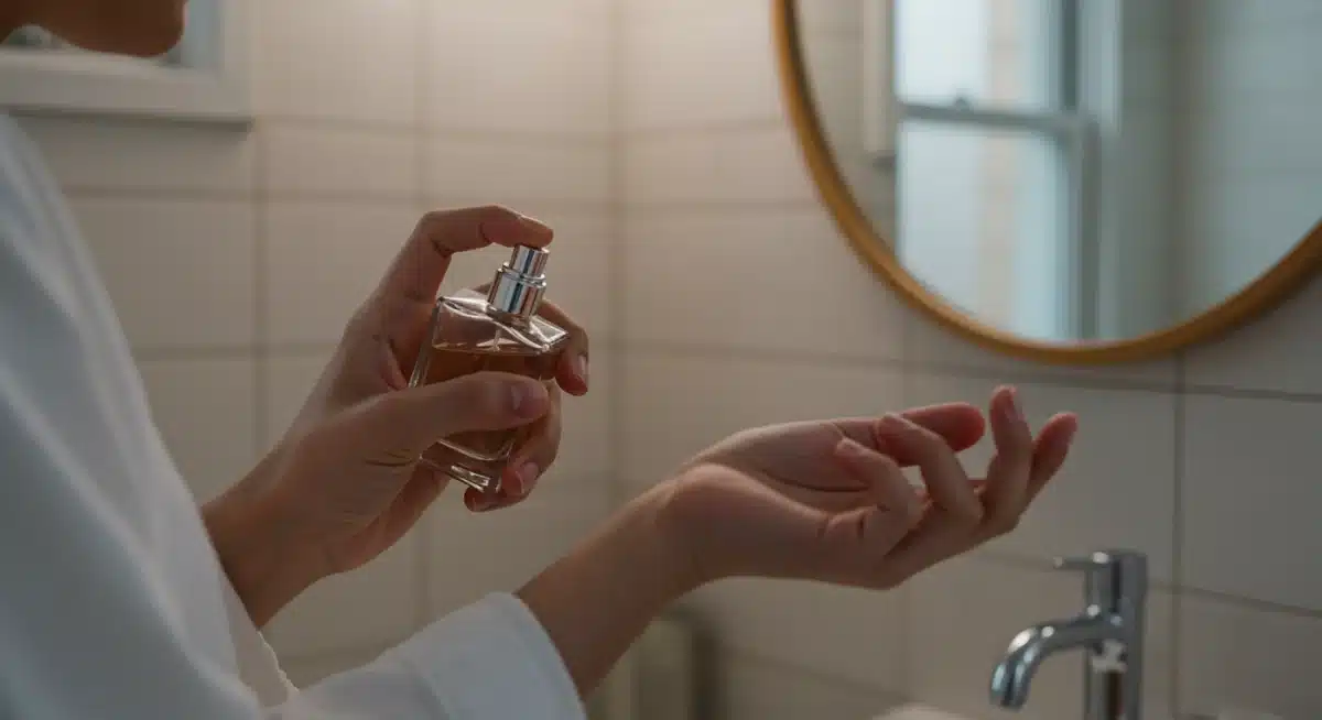 Person applying perfume to pulse points for enhanced scent longevity