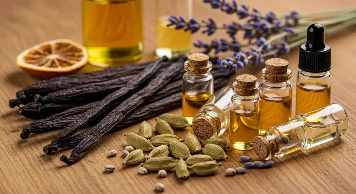 Raw ingredients for perfumery, including vanilla, cardamom, and essential oils, demonstrating scent composition.