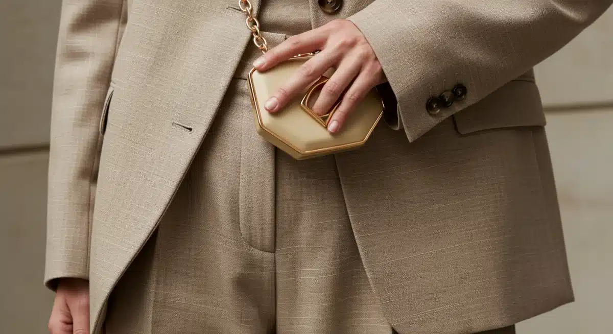 Detail of tailored blazer and wide-leg trousers, sophisticated minimalism