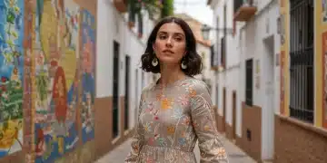Stylish woman in flowing dress reflecting 2025 Spanish fashion trends