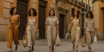 Spanish women in stylish sustainable fashion attire on a vibrant city street