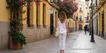 Woman in a stylish, comfortable, and affordable spring outfit walking on a sunny street in Spain.