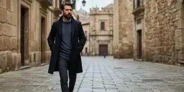 Stylish man layered in a wool overcoat and sweater walking in a Spanish city