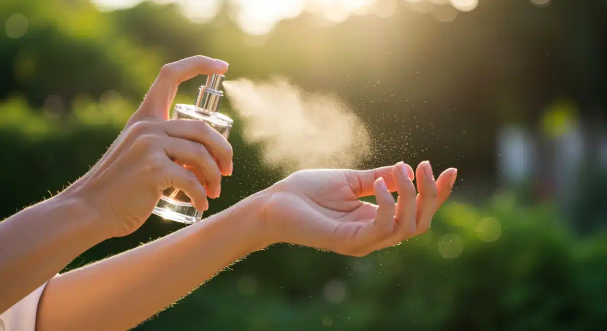 Woman applying perfume to pulse points in a sunlit Spanish garden for lasting scent.