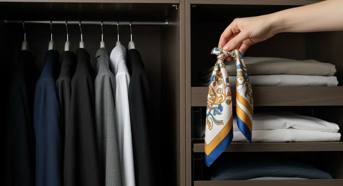 Organized capsule wardrobe with versatile pieces, including tailored blazer, white shirt, and colorful scarf, demonstrating efficient outfit planning.