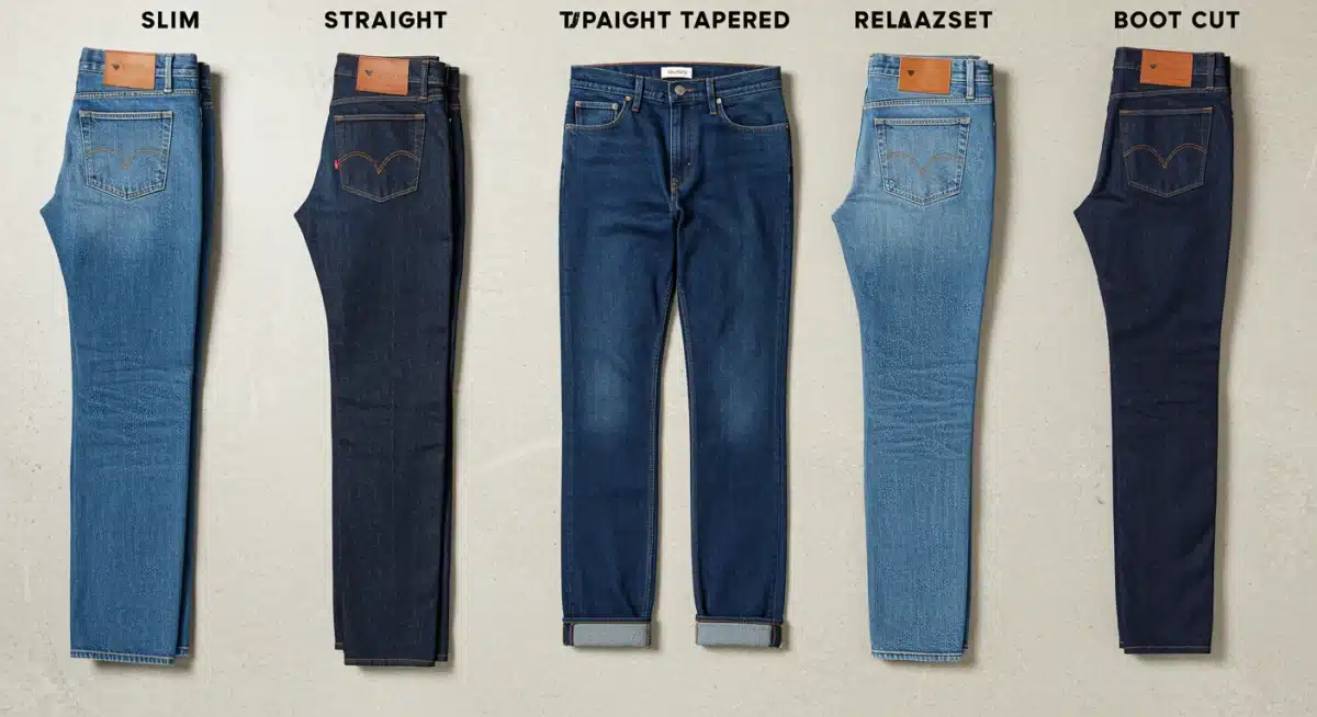 Visual comparison of five distinct men's denim fits: slim, straight, tapered, relaxed, and bootcut.