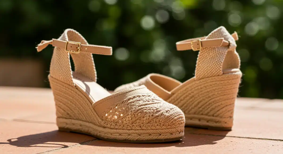 Close-up of elegant espadrille wedges on a terracotta patio, perfect for Spanish summer style.