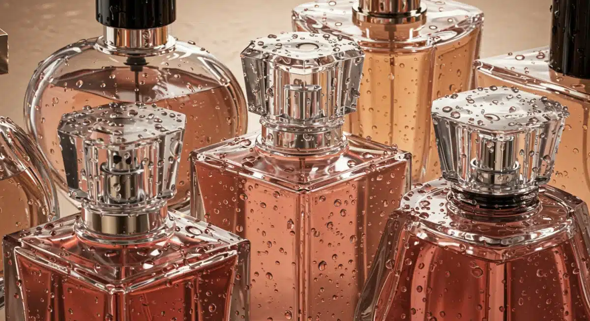 Perfume bottles with condensation, illustrating humidity's influence on scent.