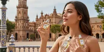 Woman layering fragrances in a Spanish plaza for long-lasting scent