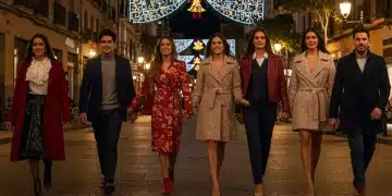 Stylish individuals celebrating holidays in Spain, showcasing affordable festive attire