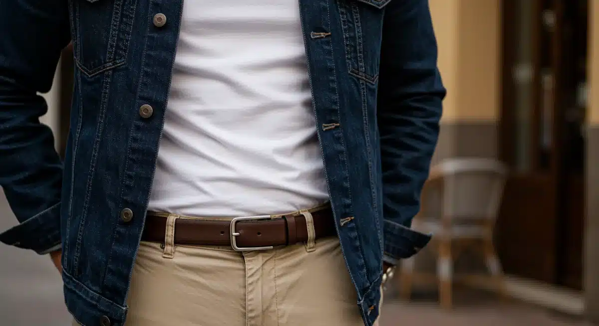 Layered smart casual outfit with denim jacket and chinos