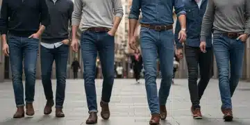 Men showcasing diverse denim fits in a Spanish urban setting, highlighting 2025 trends.