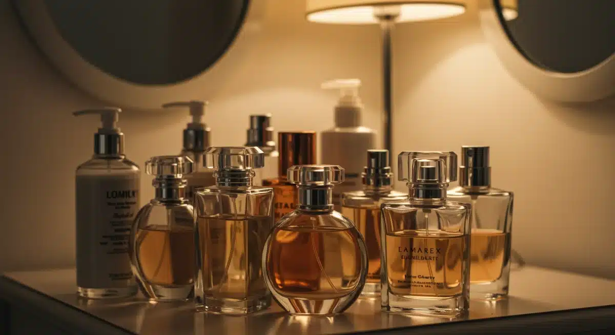 Collection of perfume and lotion bottles for fragrance layering