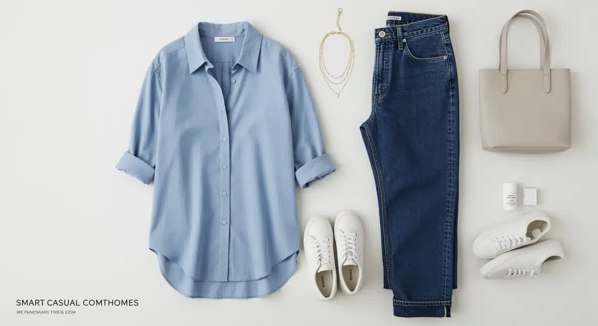 Flat lay of smart casual work-from-home outfit with blue shirt and jeans